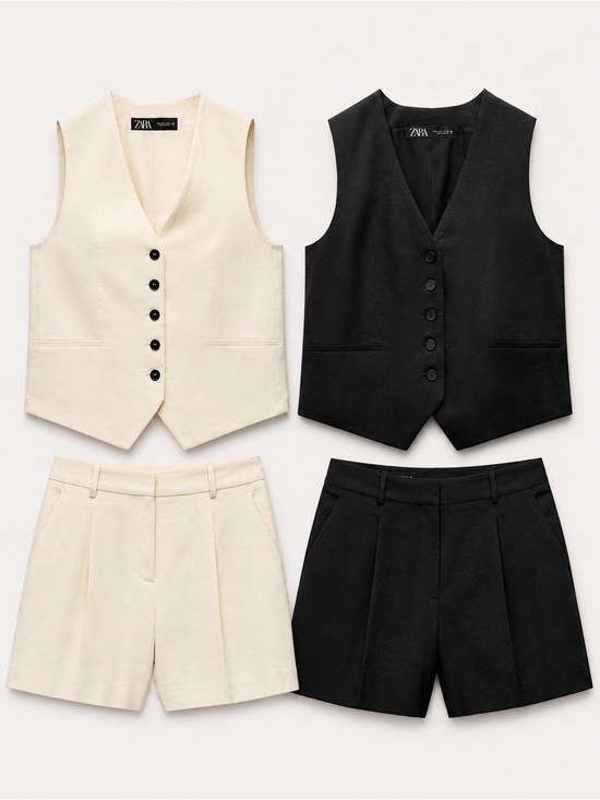 Zara Tops - Zara Tailored Linen Blend Vest & High-Rise Shorts Set of 2 Black & Ecru Size M